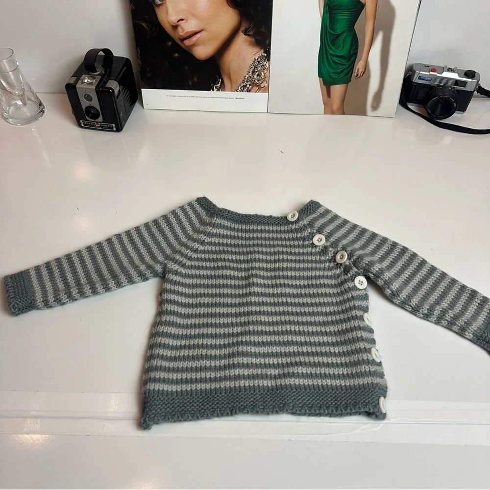 Hand-Knit Baby Sweater | Gray White Stripe · Button Shoulder · 6–9M